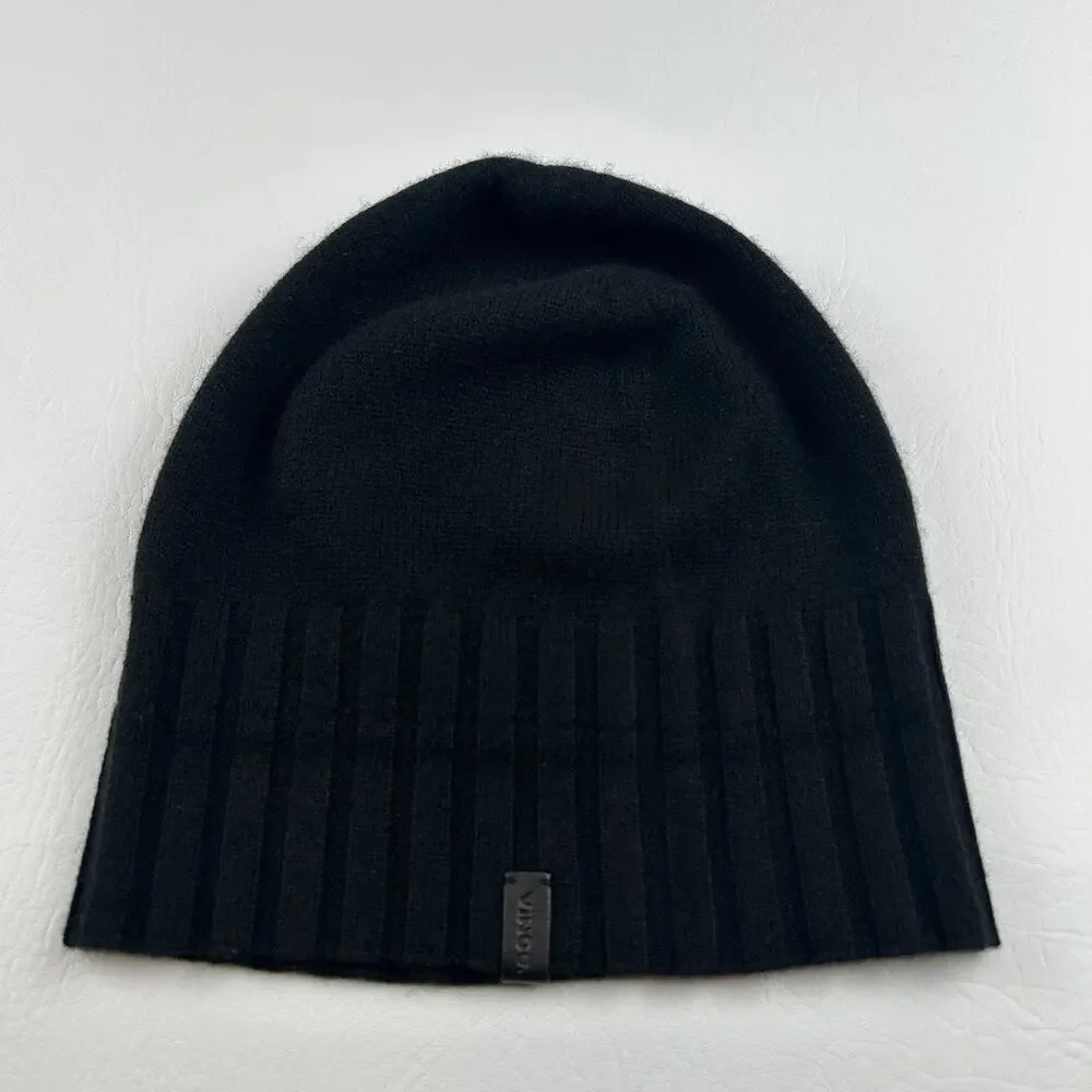 Vince 100% Cashmere Beanie Hat Black Rib Knit One Size Unisex Soft Luxury